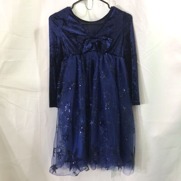 Meilleur Moment Girls Dress Navy Velvet Lace Star Tulle Bow Back Size 12 NWOT - Picture 5 of 7
